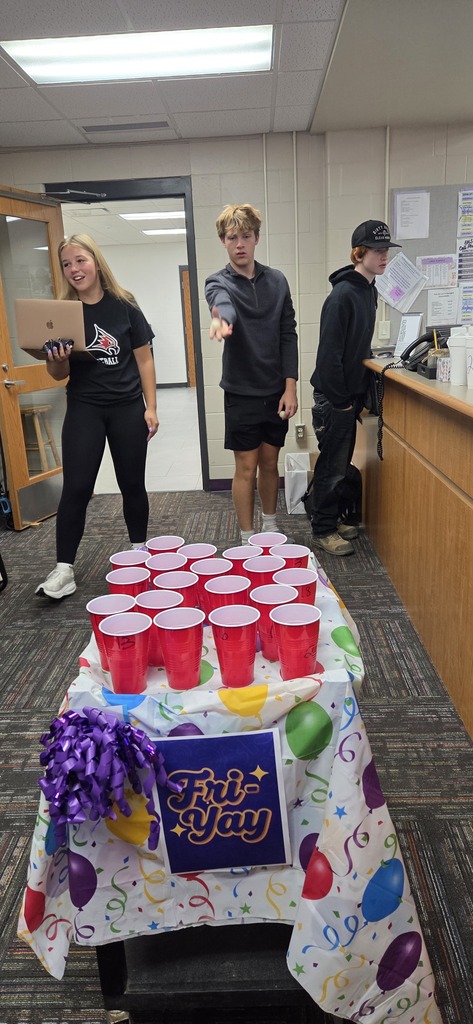 Last week, Kate & Becky called high school students and staff down between classes for a quick game of Ping Pong Toss!  Make it into a numbered cup and that was the prize you got to take home, filled with candy and maybe even a gift card! 🎁🍭  Just a fun little way to add some excitement to the day and celebrate 3rd Friday Count! Judging by the smiles, we think it was a hit! 💜🐾