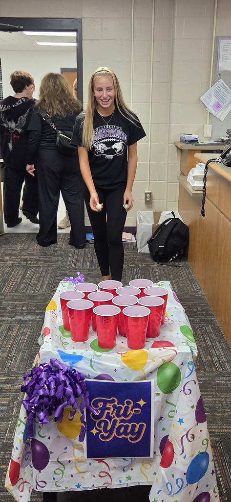 Last week, Kate & Becky called high school students and staff down between classes for a quick game of Ping Pong Toss!  Make it into a numbered cup and that was the prize you got to take home, filled with candy and maybe even a gift card! 🎁🍭  Just a fun little way to add some excitement to the day and celebrate 3rd Friday Count! Judging by the smiles, we think it was a hit! 💜🐾