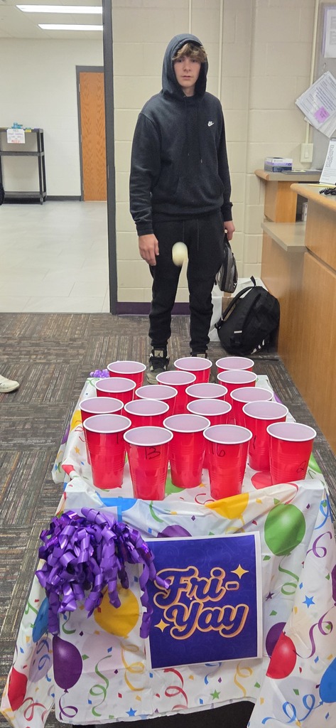 Last week, Kate & Becky called high school students and staff down between classes for a quick game of Ping Pong Toss!  Make it into a numbered cup and that was the prize you got to take home, filled with candy and maybe even a gift card! 🎁🍭  Just a fun little way to add some excitement to the day and celebrate 3rd Friday Count! Judging by the smiles, we think it was a hit! 💜🐾