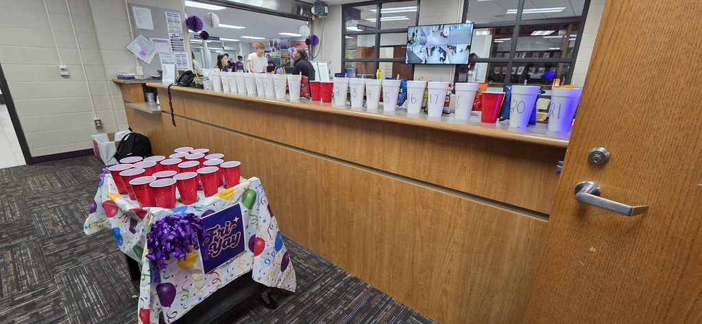 Last week, Kate & Becky called high school students and staff down between classes for a quick game of Ping Pong Toss!  Make it into a numbered cup and that was the prize you got to take home, filled with candy and maybe even a gift card! 🎁🍭  Just a fun little way to add some excitement to the day and celebrate 3rd Friday Count! Judging by the smiles, we think it was a hit! 💜🐾