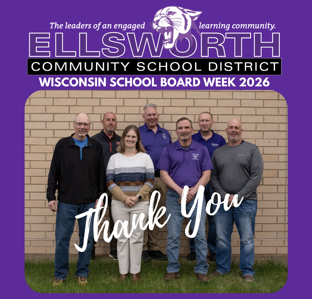 This week, we’re proud to recognize and thank the dedicated members of the Ellsworth Community School District Board of Education.  Our School Board members give their time, energy, and leadership to support our students, staff, schools, and community. We appreciate their commitment to public education and all they do to help make ECSD a great place to learn and grow. 💜🐾  Please join us in saying THANK YOU to our School Board members for their service to our district!