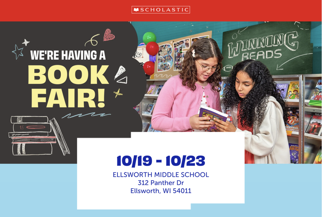 📚✨ The Book Fair is Coming to EMS! ✨📚 Get ready, Panthers! The Scholastic Book Fair is coming soon to Ellsworth Middle School! 🎉 Students will have a chance to browse a great selection of books and find something new to add to their reading list. 📖💜 Want to learn more, preview the fair, or get ready to shop? Visit our Book Fair Homepage here: https://www.scholastic.com/bf/ellsworthmiddleschool We can’t wait to see what books our Panthers pick! 🐾📚