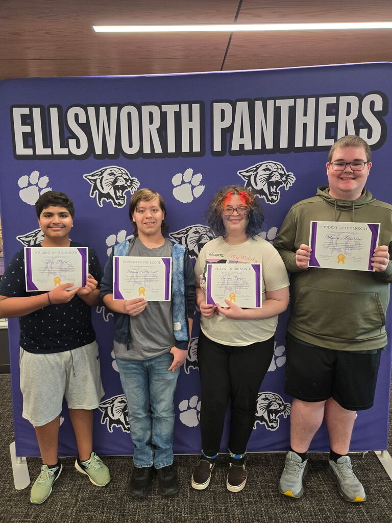 🎉 Congratulations to our September Students of the Month at Ellsworth High School! 🐾 Pictured from left to right: ⭐ Freshman Brij Patel ⭐ Sophomore Shaun Satterfield ⭐ Junior Evelyn Knapp ⭐ Senior Mason Anderson Congratulations to these four Panthers on this well-deserved recognition! We’re proud of you!