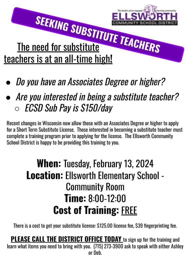 💜ECSD IS SEEKING SUBSTITUTE TEACHERS💜 The need for substitute teachers is at an all-time high!