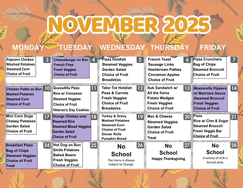 🍂EMS November Lunch Menu w/ Purple & White Days🍂