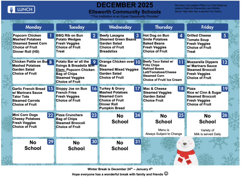 ☃️ December Lunch Menu ☃️