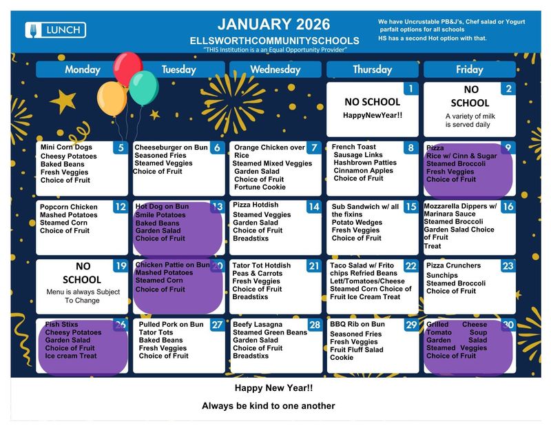 ☃️ EMS JANUARY Lunch Menu w/ Purple/White Day ☃️