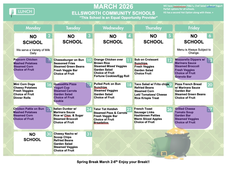 March Lunch Menu w/ Purple & White Days