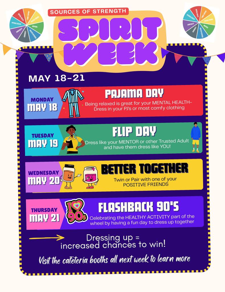 May 18th Pajama Day. May 19th Flip Day. May 20th Better together day. May 21st Flashback 90's day. 