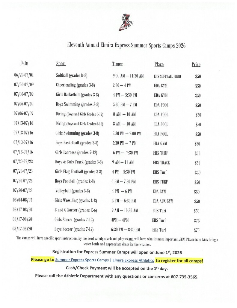Scheduled dates for Express Summer Camps 2026