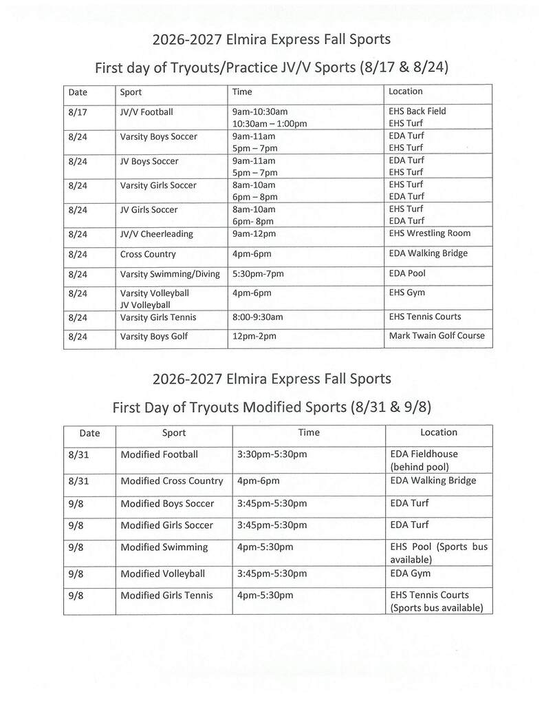 First Day Tryout Schedule for Fall 26-27 Sports All Levels