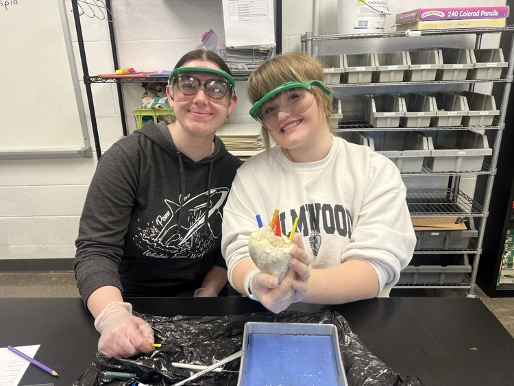 students posing with sheep heart
