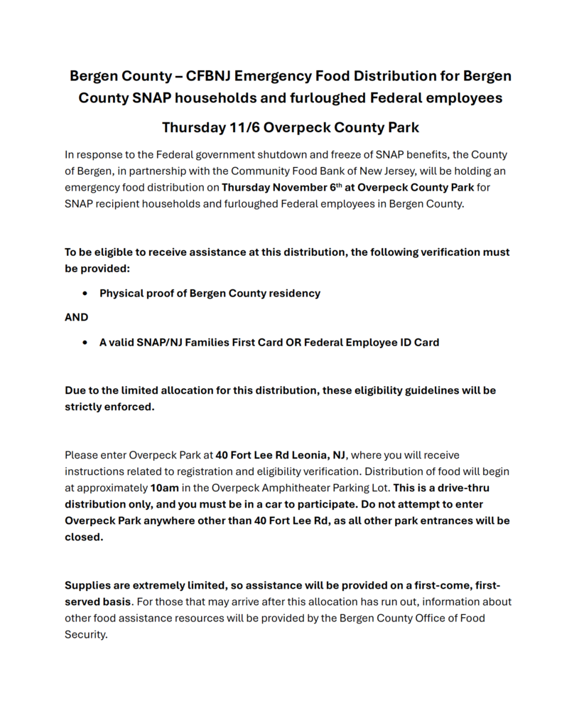 11/6 Emergency Food Distribution at Overpeck Park