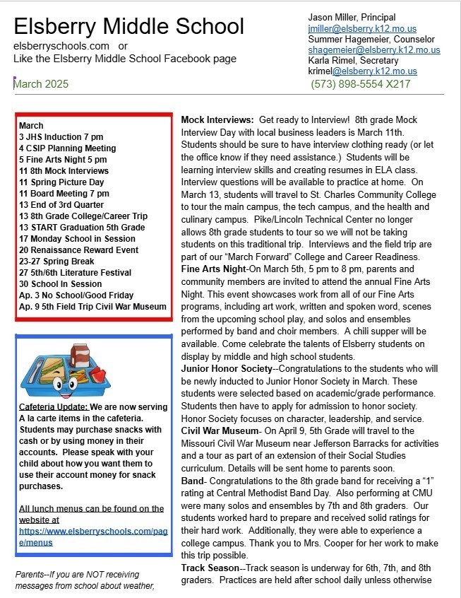 Elsberry Middle School March Newsletter 2026