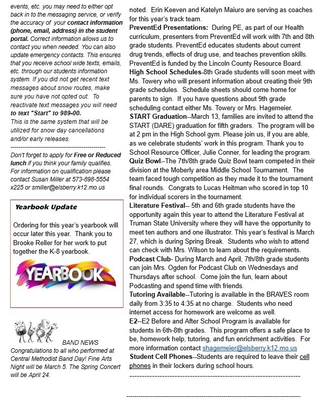 Elsberry Middle School March Newsletter 2026