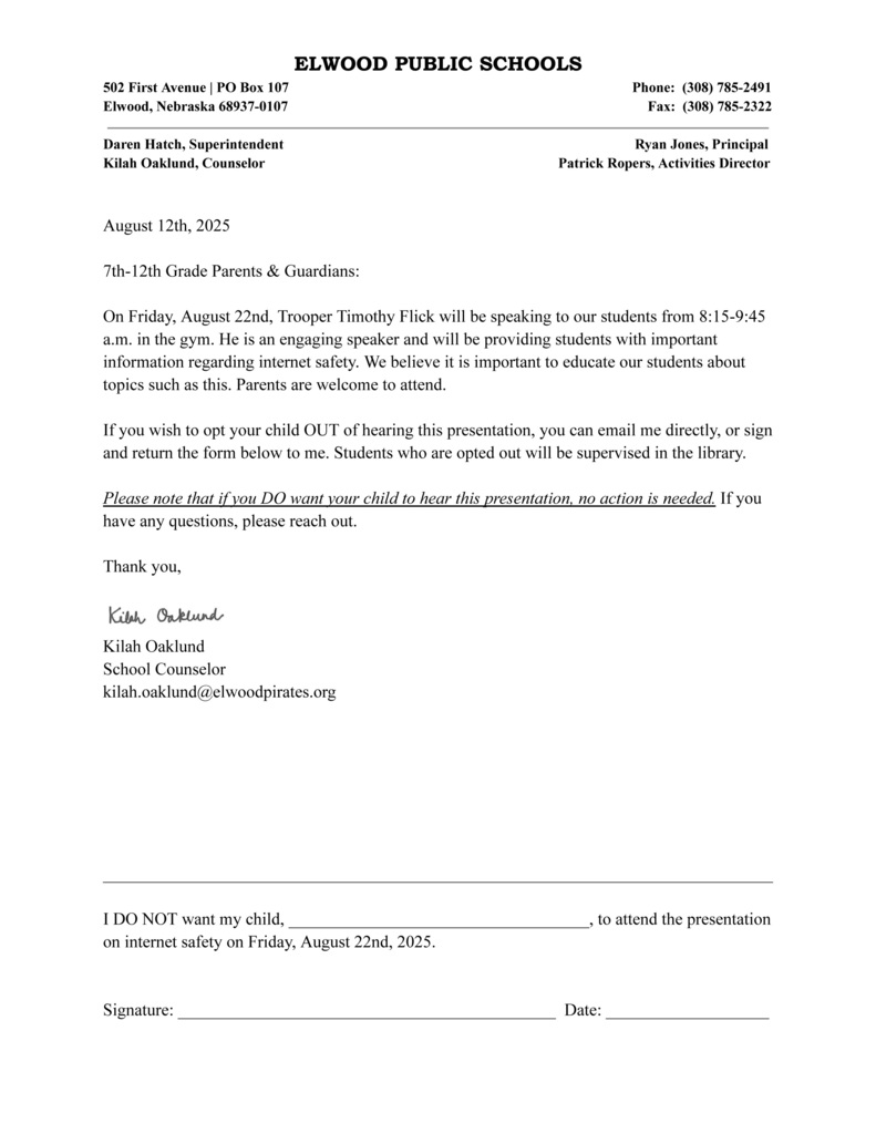 August 22 Assembly Information
