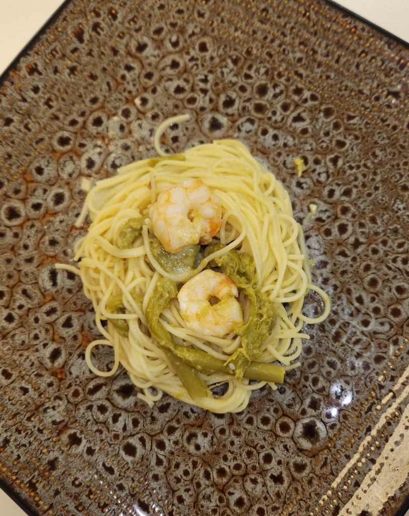 Lemon shrimp and asparagus angel hair pasta.