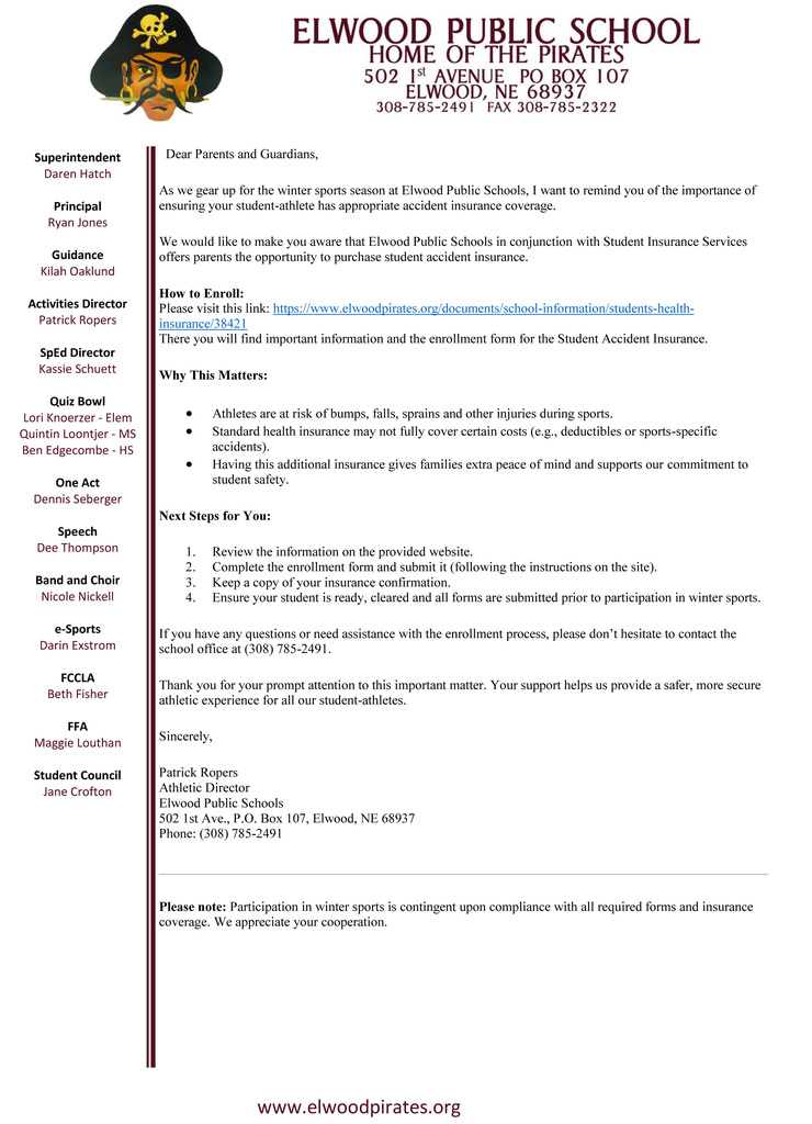 Student athlete letter about supplemental insurance