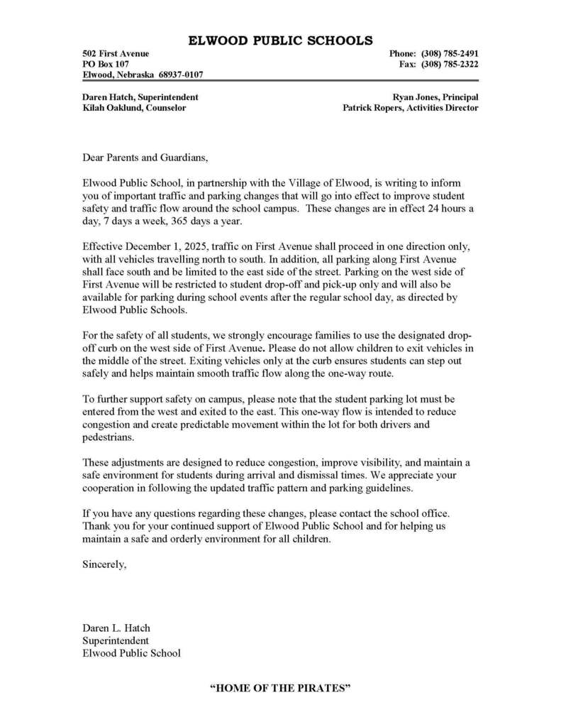 Letter about traffic changes around the school