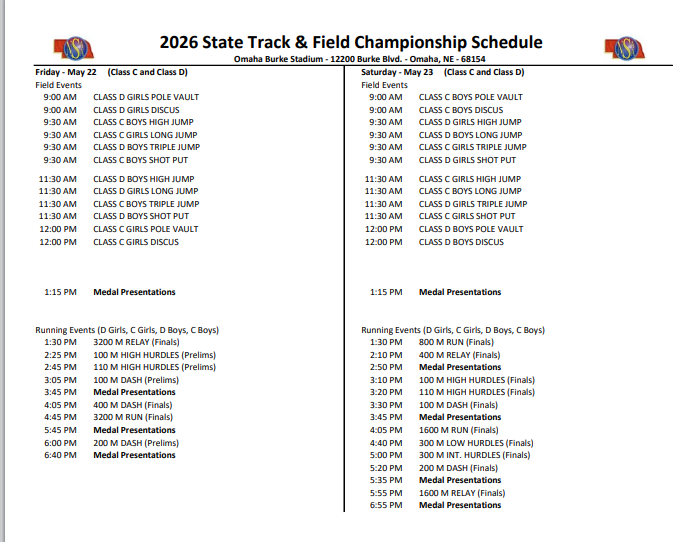 NSAA Class D State Track Schedule