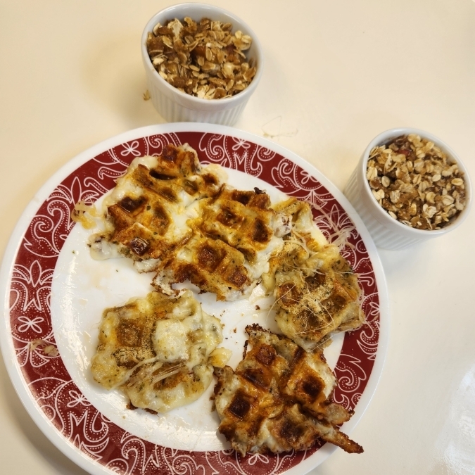 Seniors made waffle iron mozzarella sticks and microwave apple crisp.