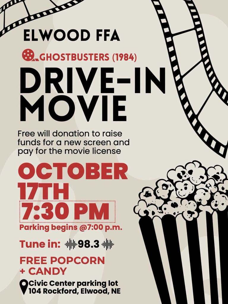 Elwood FFA is hosting a free will donation Drive-In Movie on October 17th at 7:30 PM. Movie will be aired through 98.3 Radio station and held at the Civic Center Parking Lot.