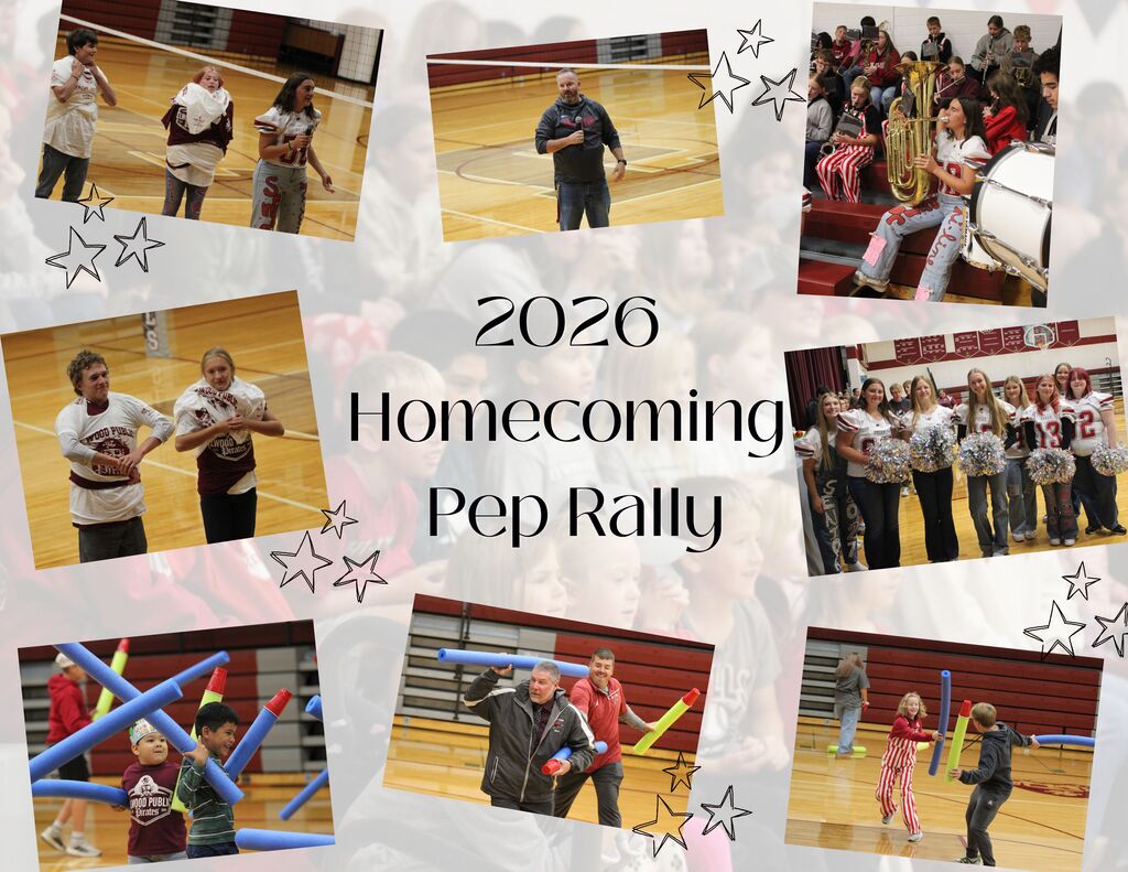 2026 Homecoming pep rally photos featuring a t-shirt stacking game, a pool noodle game, and some of our pep band members and cheerleaders