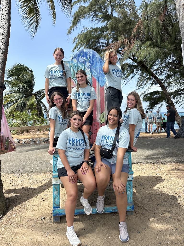 A group of women in matching T-shirts pose for a photo on a colorful bench near a beach.