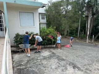 Several people work on a driveway outside a white building with a palm tree backdrop. Some use wheelbarrows and others use brooms.