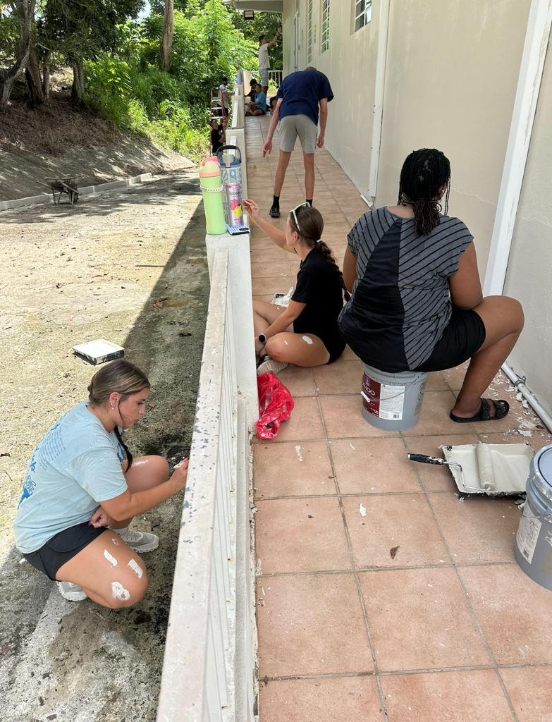 Four people paint a white wall with rollers and brushes. Trees and a path are in the background.