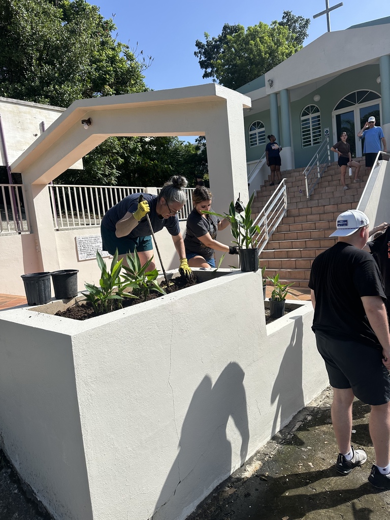 Volunteers planting potted plants on a white wall in front of a church, under a staircase.