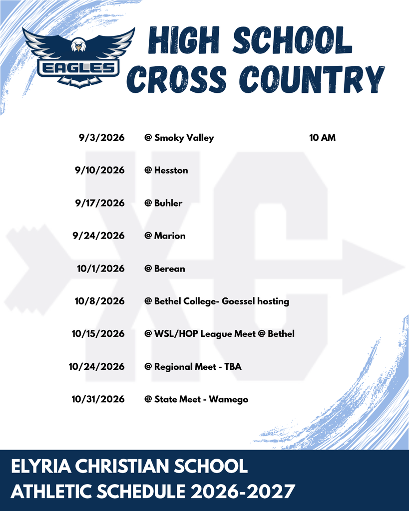 Schedule for High School Cross Country events at Elyria Christian School for the 2026-2027 season.