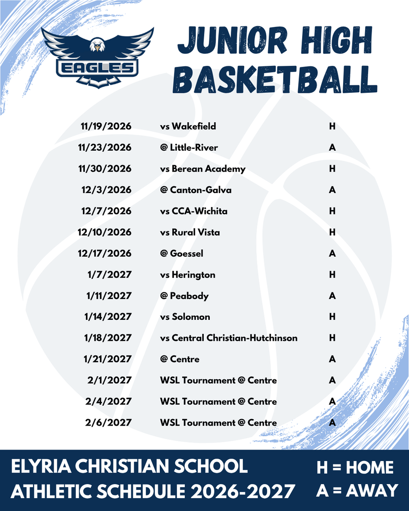 Sports schedule for Elyria Christian School Junior High Basketball from November 2026 to February 2027, with dates, opponents, and home/away locations.