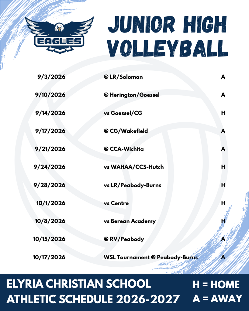 An athletic schedule for the 2026-2027 season for Elyria Christian School Junior High Volleyball, featuring team logo.