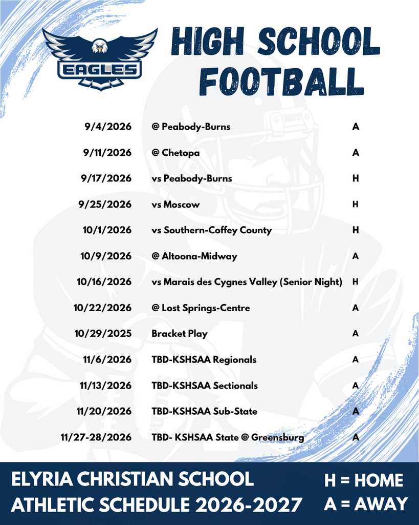 A poster with a blue and white background displays the "HIGH SCHOOL FOOTBALL" schedule for 2026-2027.