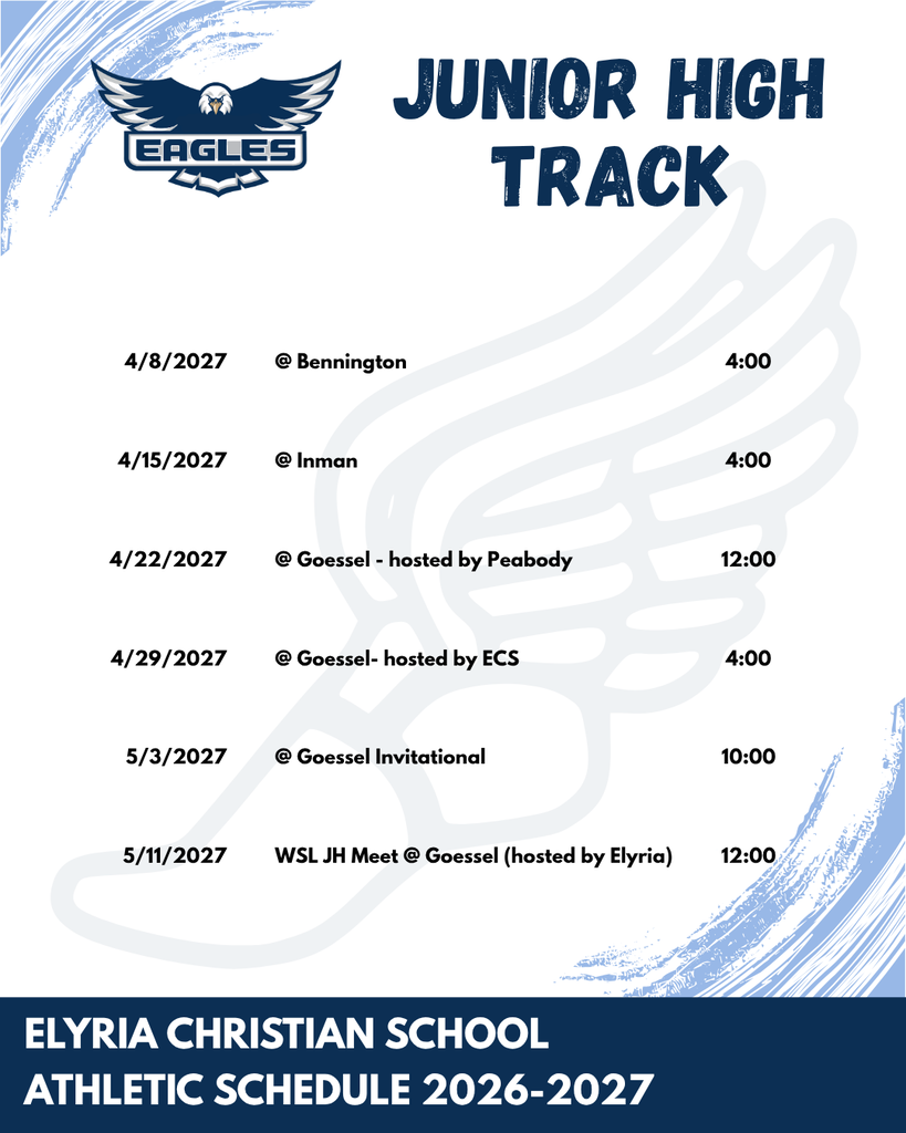 A sports schedule titled "Junior High Track" lists various events and dates. The background is blue with a wing design.