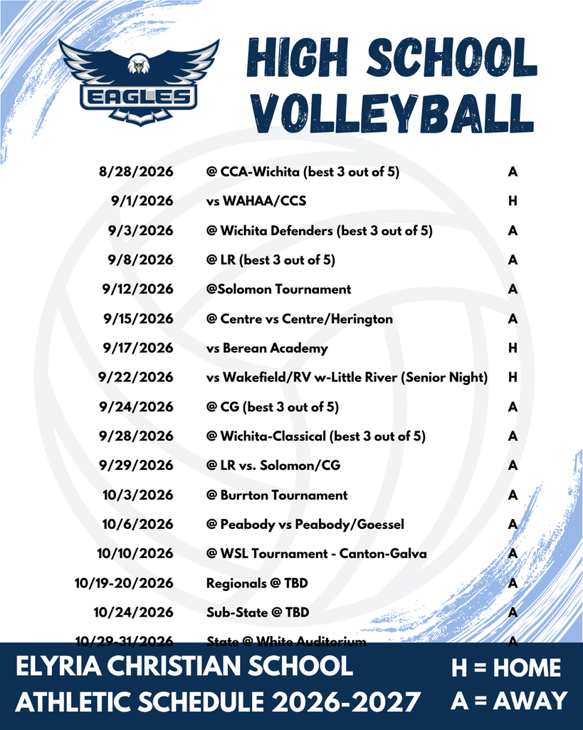 An athletic schedule for Elyria Christian School's volleyball team, showing home and away games from August 2026 to October 2027.