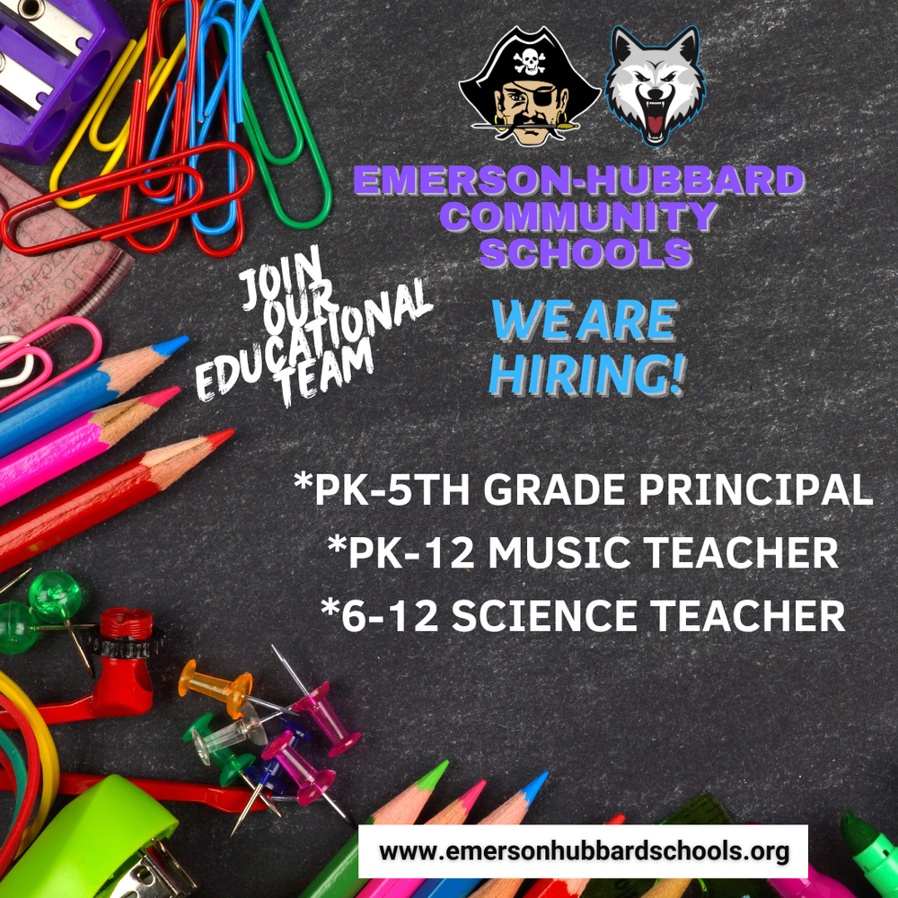 We are hiring! Pk-5 principal, music teacher and a science teacher