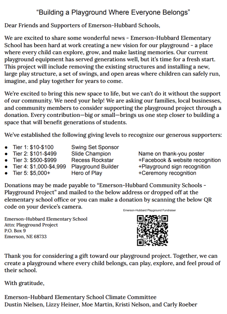 Emerson-Hubbard Elementary School Playground Project Letter