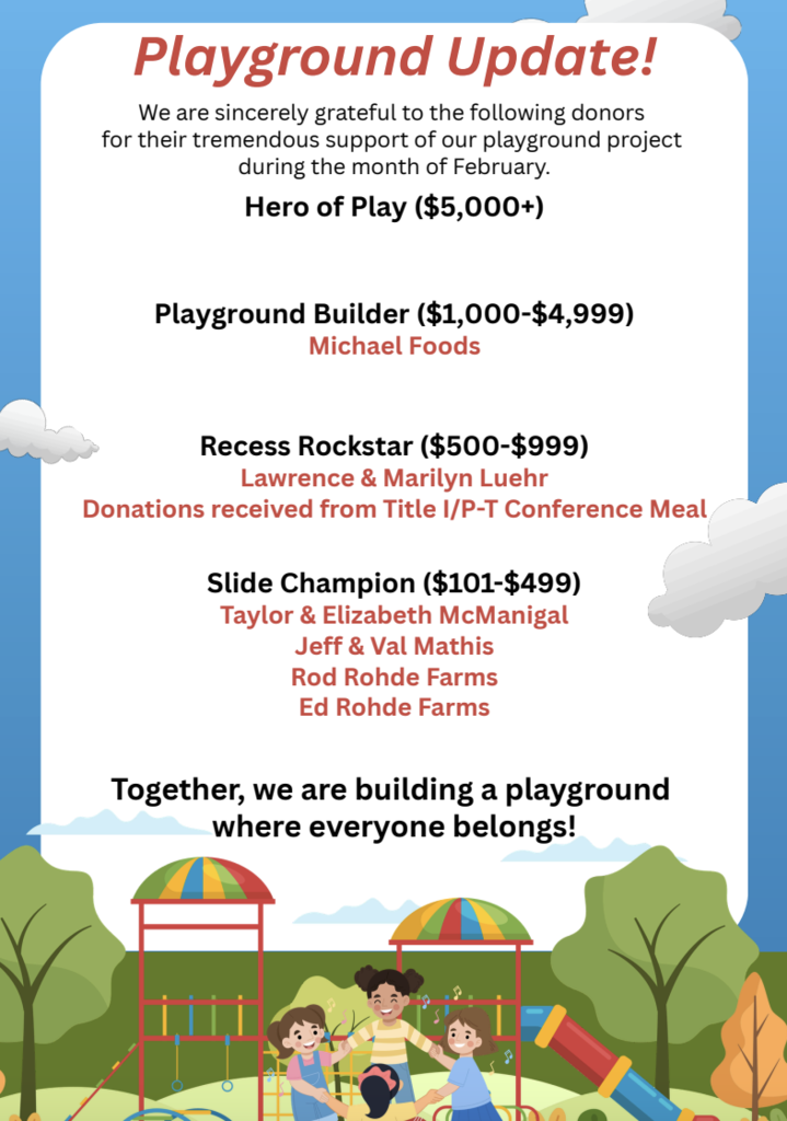 We are incredibly grateful for the generosity shown by our February donors in support of the EH Elementary Playground Fundraiser.