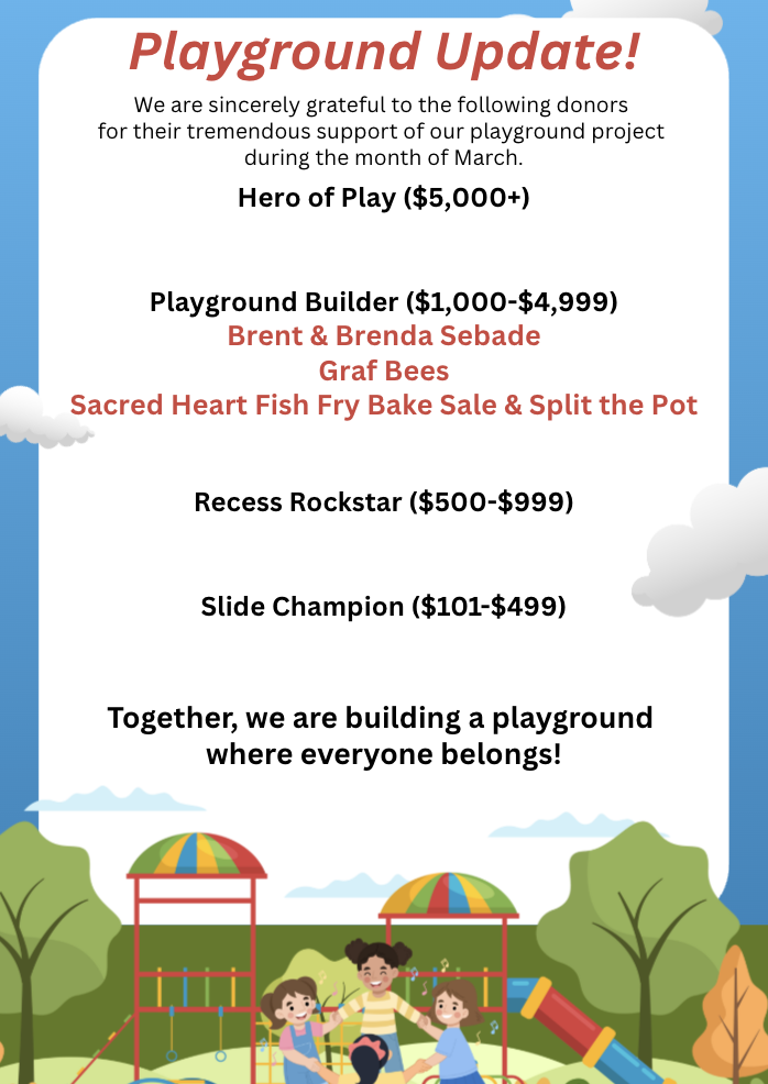We are incredibly grateful for the generosity shown by our March donors in support of the EH Elementary Playground Fundraiser.