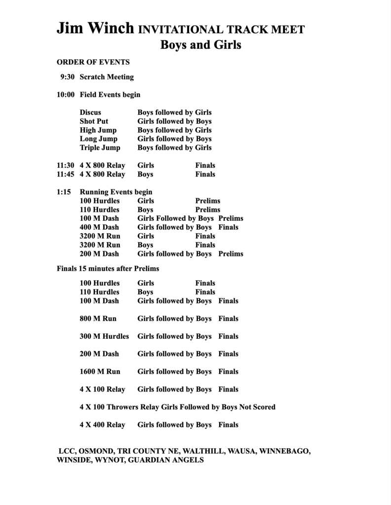 Winside track at LCC 10 AM schedule of events