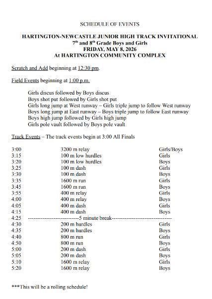 JH Track at Hartington 1PM Schedule of events