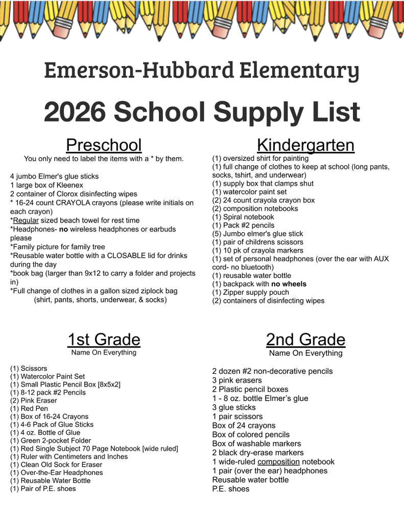 PK-2 school supply list