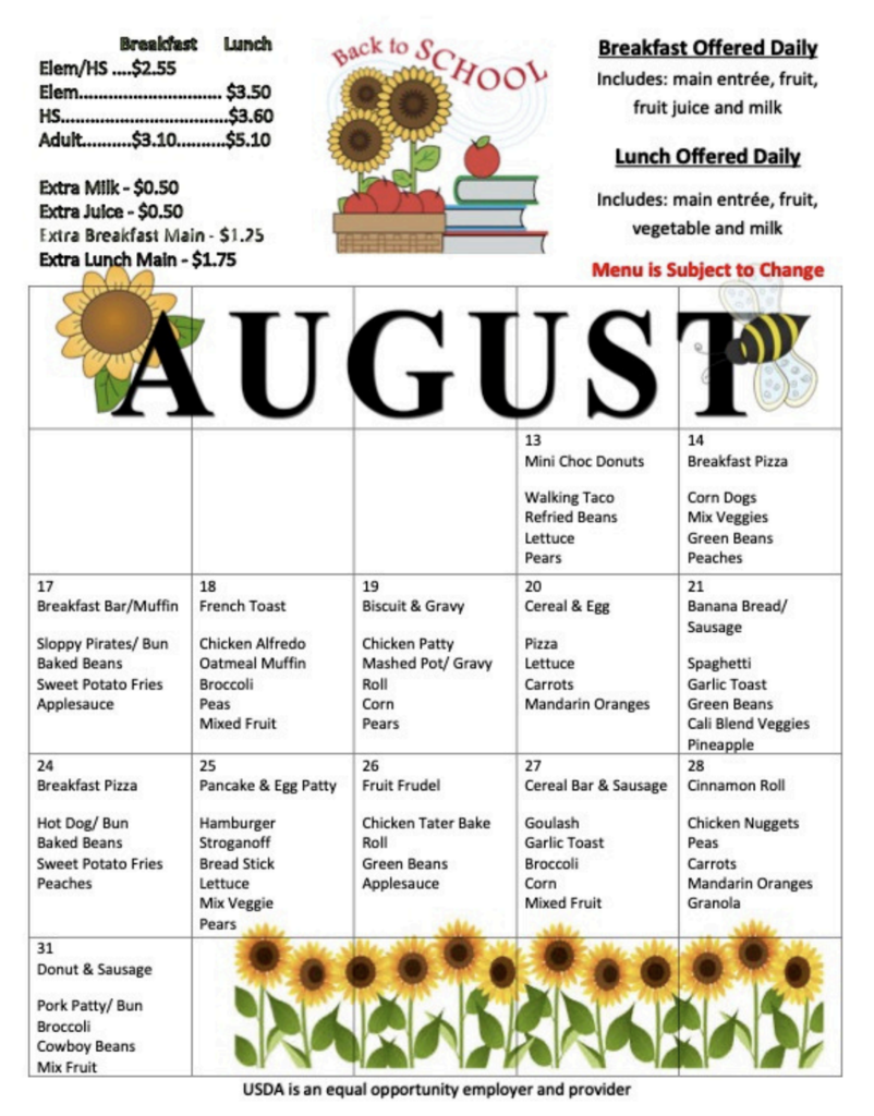 August 2026 Lunch Menu
