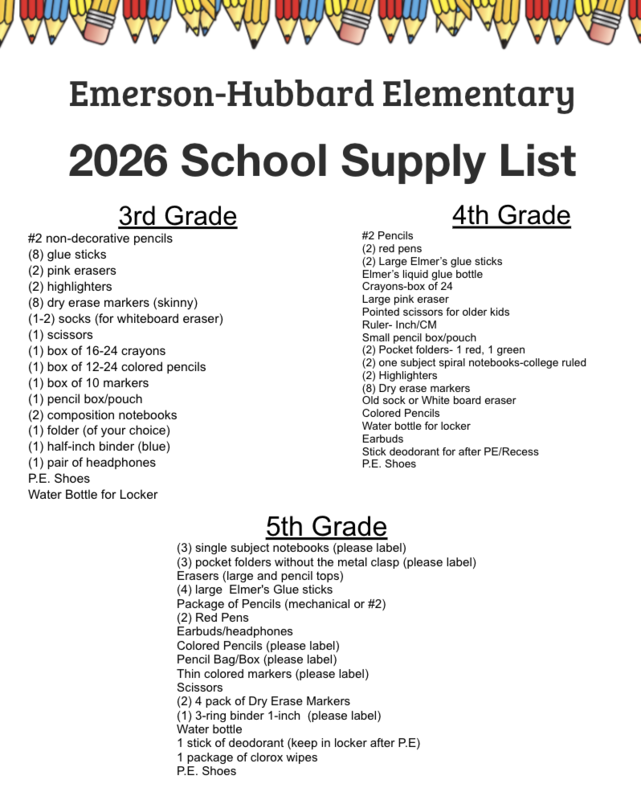 2026-2027 Emerson-Hubbard Elementary school supply list (3rd-5th)