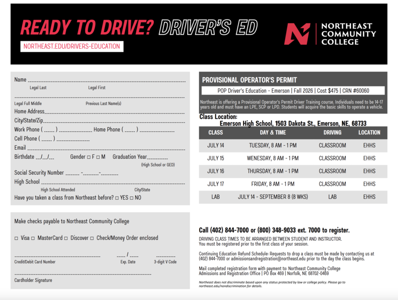 NECC drivers ed registration  form
