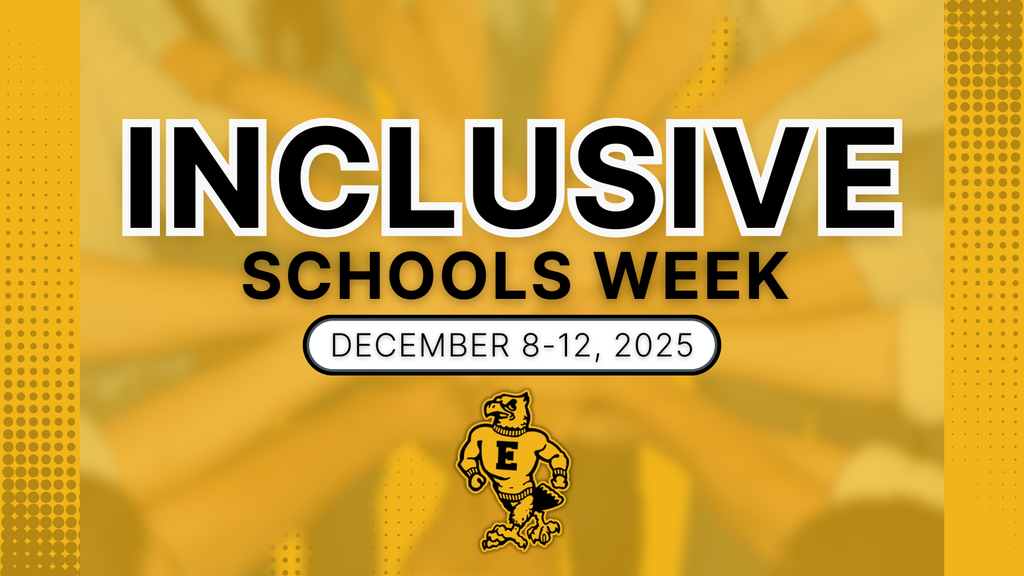 A yellow graphic for Emmetsburg Schools announcing Inclusive Schools Week. Large bold text reads “Inclusive Schools Week,” with the dates “December 8–12, 2025” in a rounded white box. The background shows a blurred image of many hands joining together in a circle. The Emmetsburg mascot appears at the bottom.