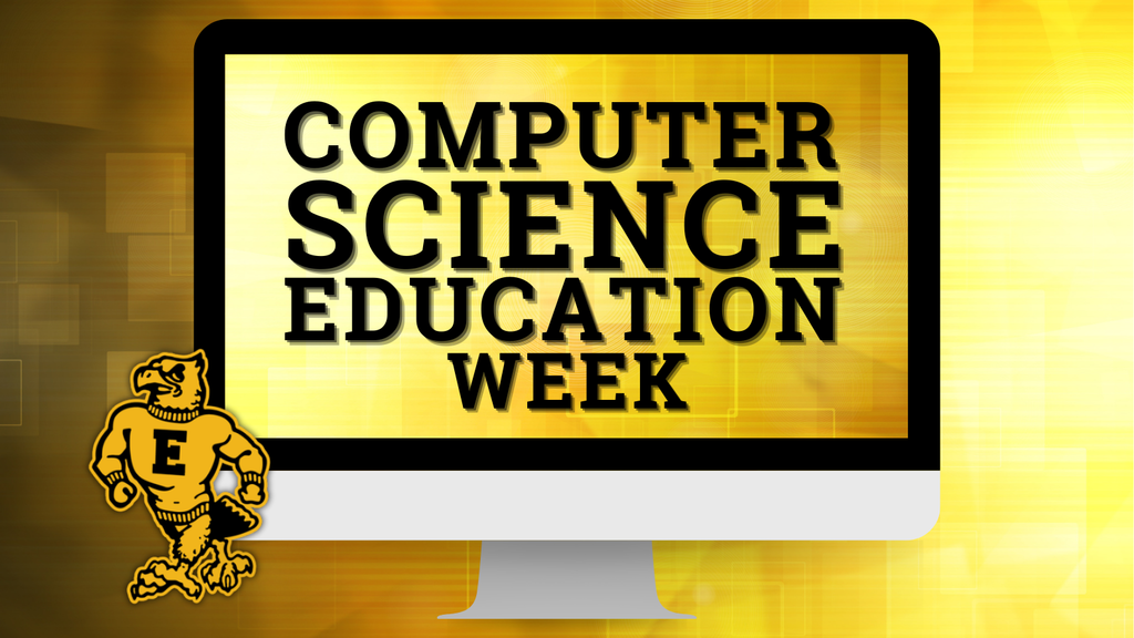 A yellow and gold graphic for Emmetsburg Schools featuring a large computer monitor displaying the text “Computer Science Education Week.” The Emmetsburg mascot—a golden eagle with an “E” on its chest—appears on the left. The background has geometric digital-style patterns in shades of yellow.