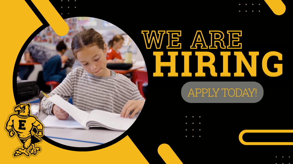 "We Are Hiring" graphic with a photo of a student writing in a notebook, featuring a yellow eagle mascot and the text "Apply Today!" on a black and yellow background.